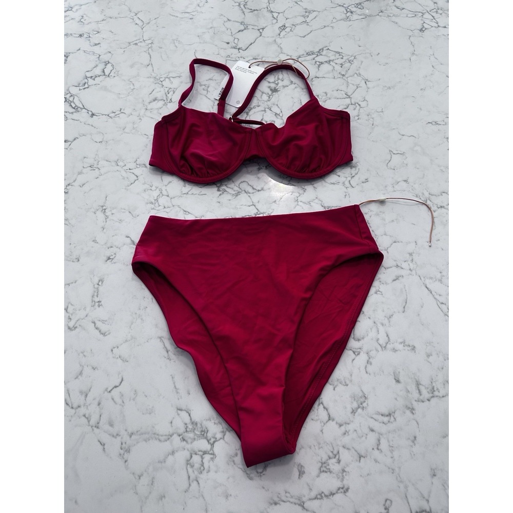 New Quince Cherry Red Italian Demi Bikini Top & High Rise High Leg Bottom Medium